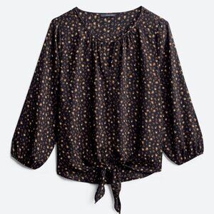 West Kei Blouse XL Navy Brown Animal Print Tie Front 3/4 Sleeve Keyhole Top